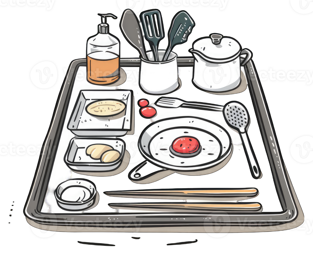 Cooking Utensils and Ingredients on a Tray png