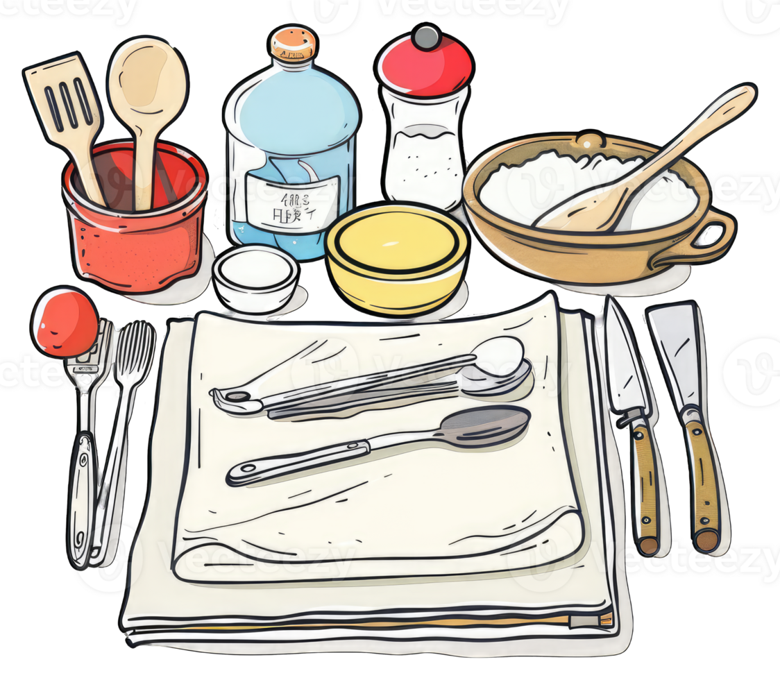 Cooking Utensils and Ingredients Arranged on a Tabletop png
