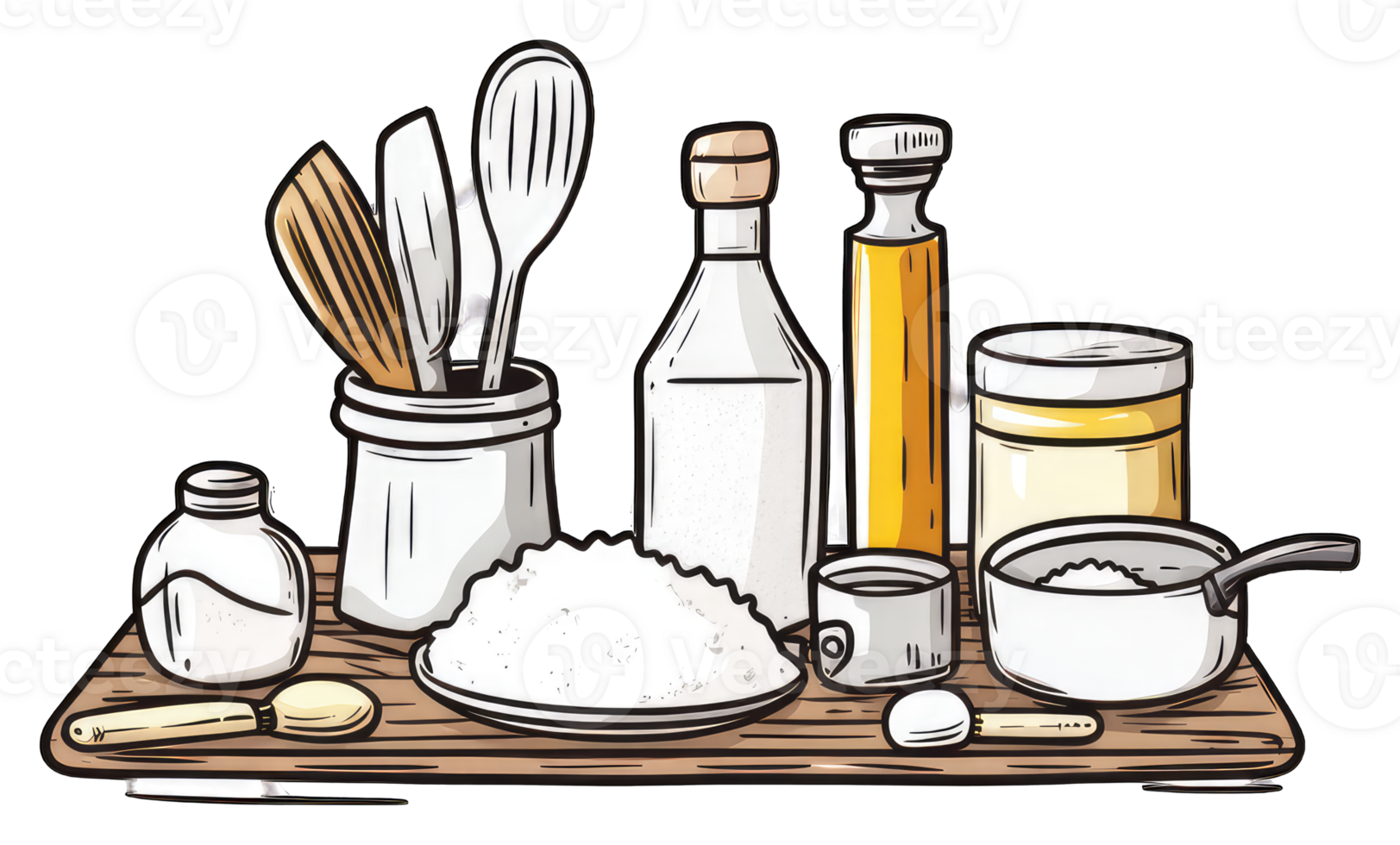 Baking ingredients and utensils arranged on a wooden board png