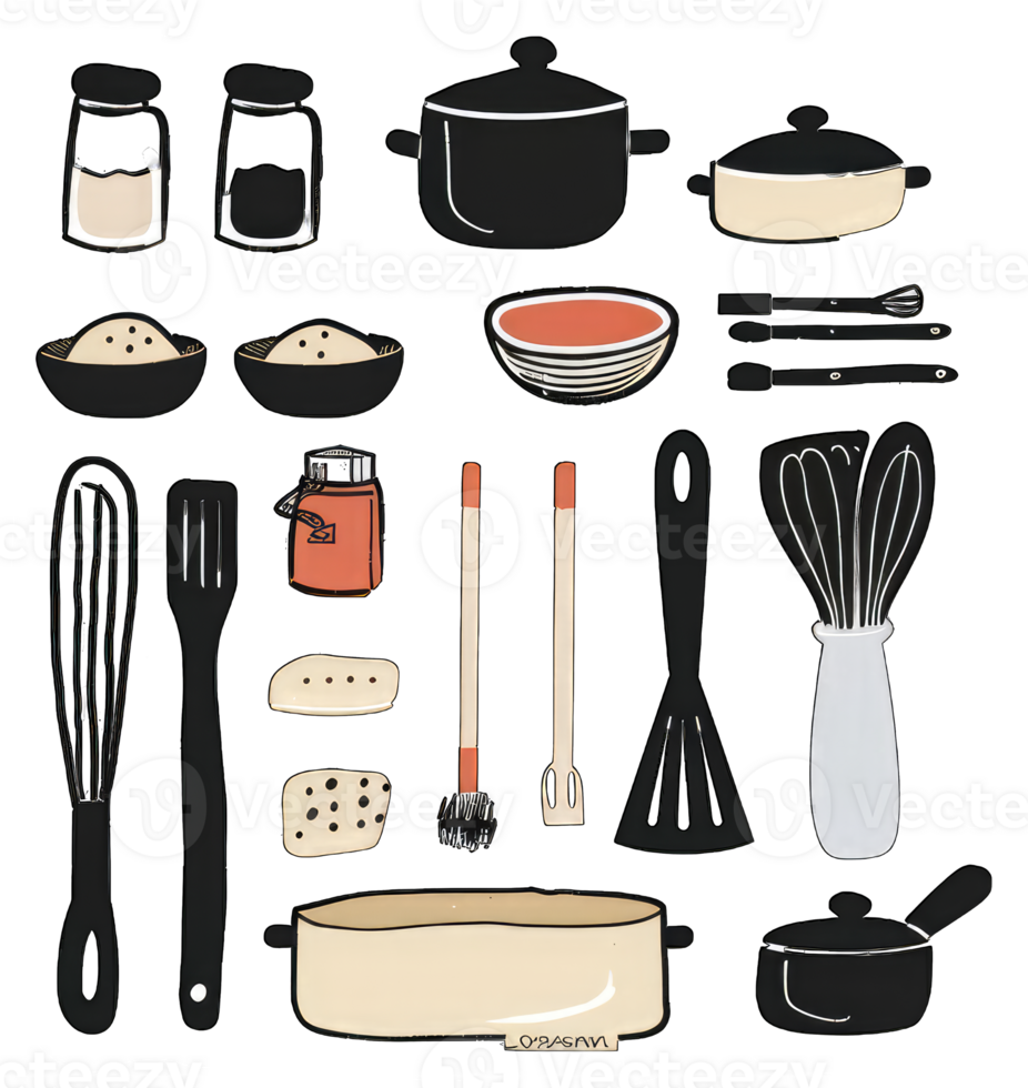 Assorted Kitchen Utensils and Cooking Pots Collection png