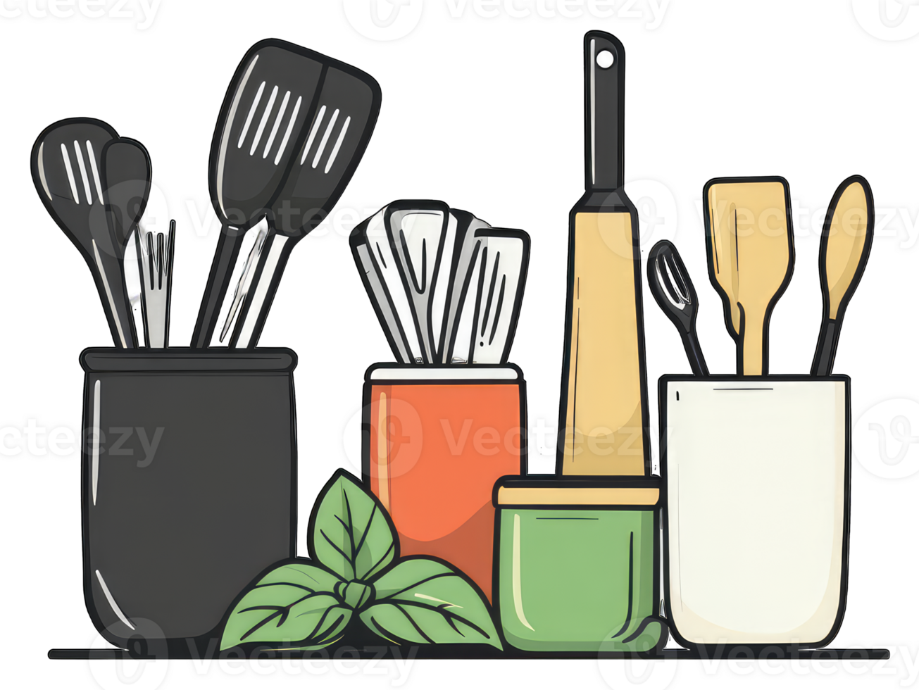 Kitchen Utensils Organized Neatly In Holders With Basil png