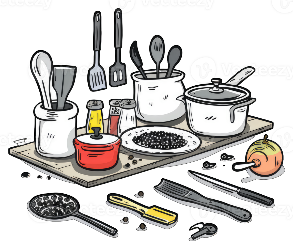 Kitchen Utensils and Cooking Supplies on a Wooden Board png