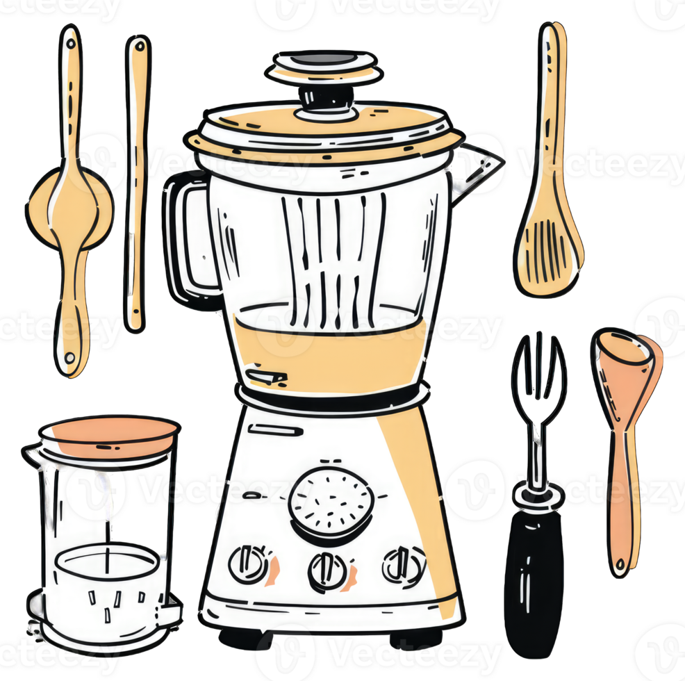 Kitchen Blender with Various Utensils and a French Press png