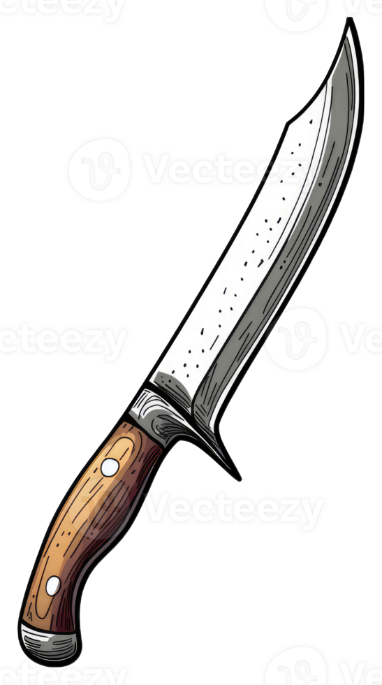 A drawing of a large hunting knife with a wooden handle png