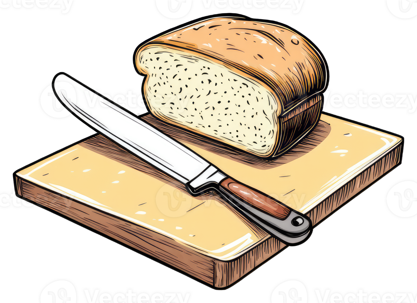 A loaf of bread rests on a wooden cutting board with a knife png