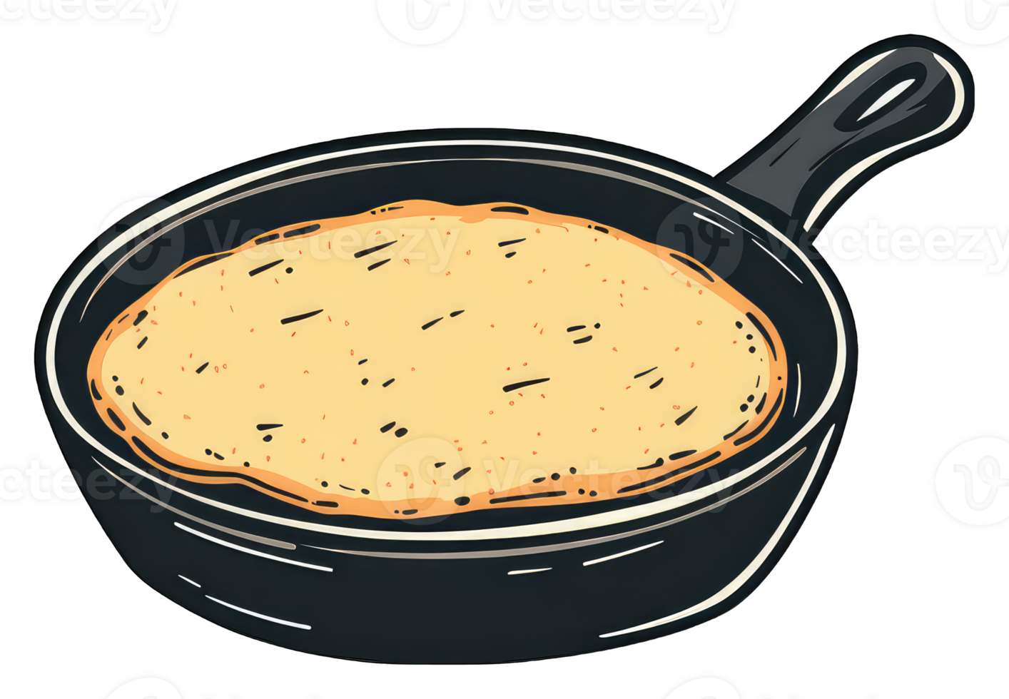A single pancake cooking in a dark frying pan png