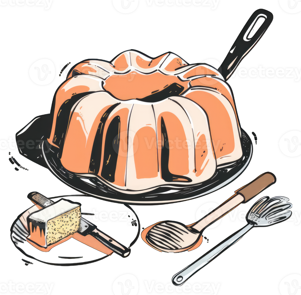 Delicious Bundt Cake with Serving Utensils and Slice png