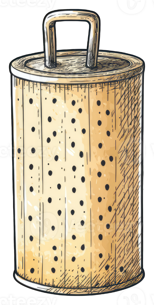 A perforated cylindrical container with a handle png