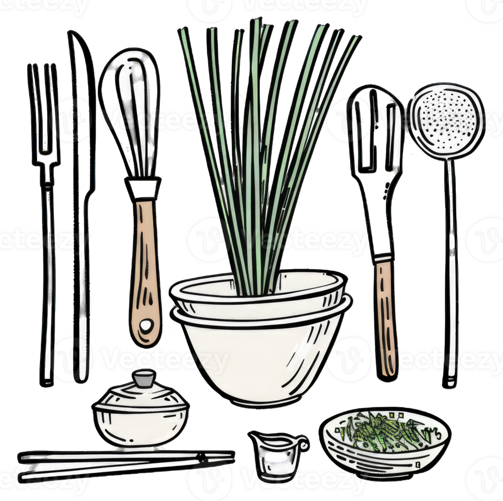 Kitchen Utensils and Fresh Green Onions in Bowls png