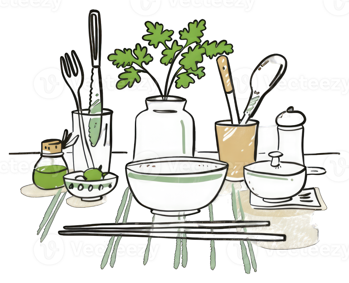 Kitchen Utensils and Ingredients Arranged on a Tabletop png