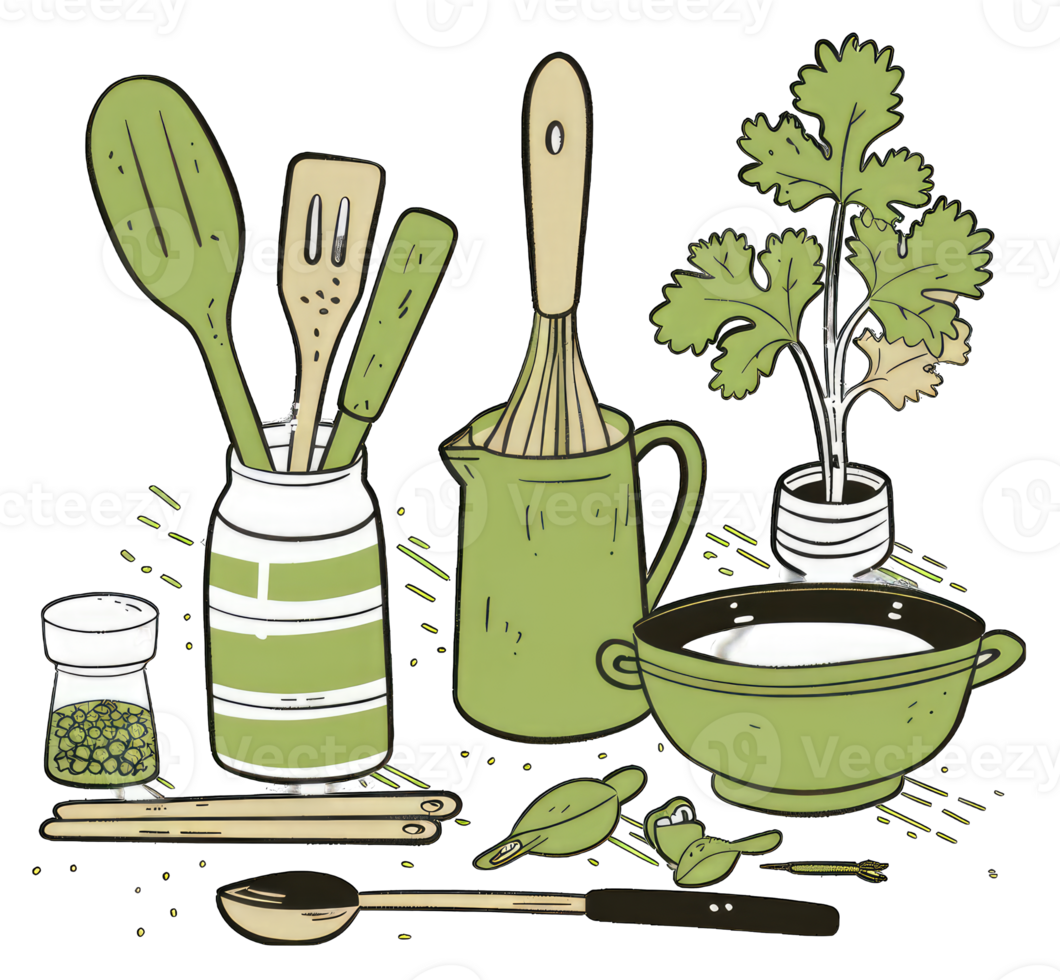 Kitchen Utensils and Herbs Arranged Artistically png