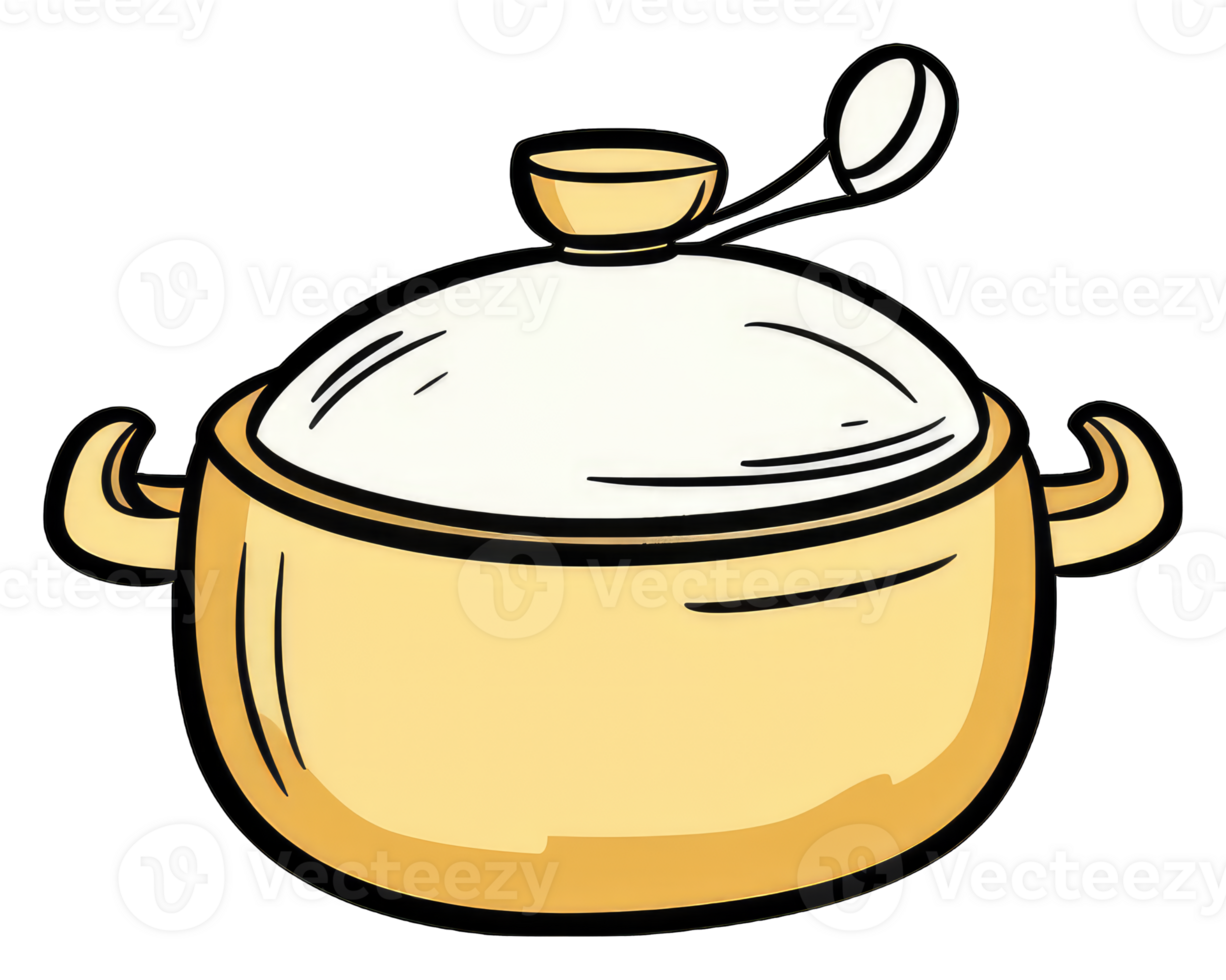 A cartoon drawing of a golden cooking pot with a lid png