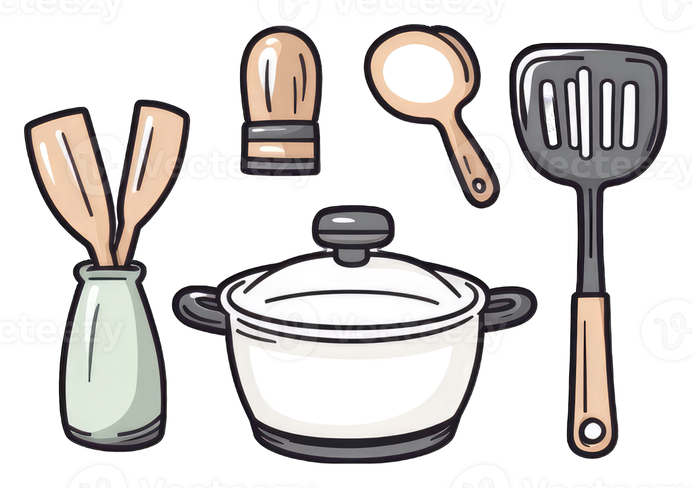 A collection of kitchen cooking utensils and a pot png