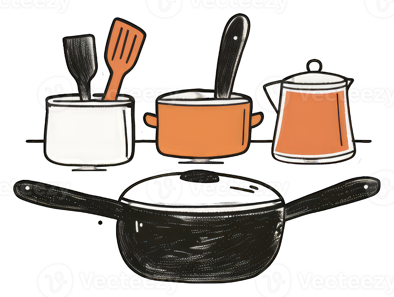 Kitchen Utensils and Pots Arranged Neatly on a Counter png