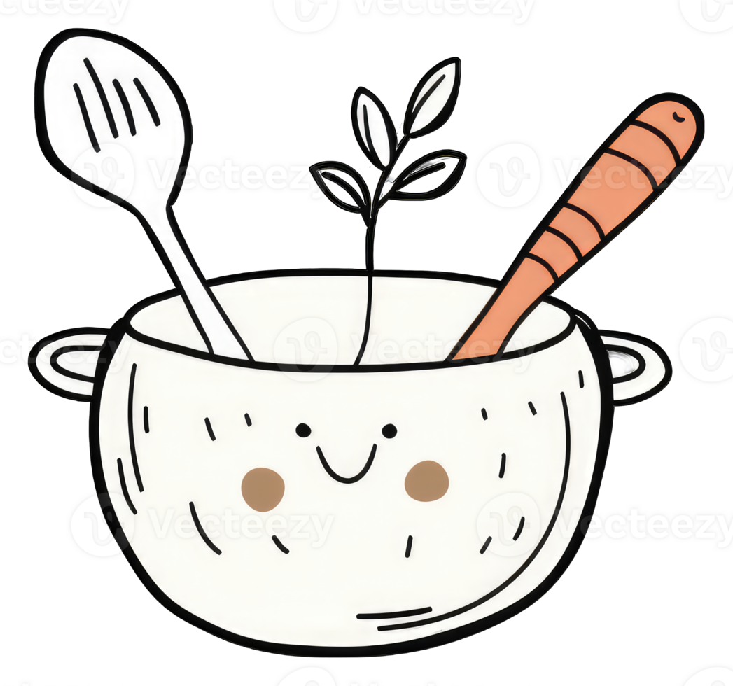Happy Pot With Spoons and Small Plant Inside png