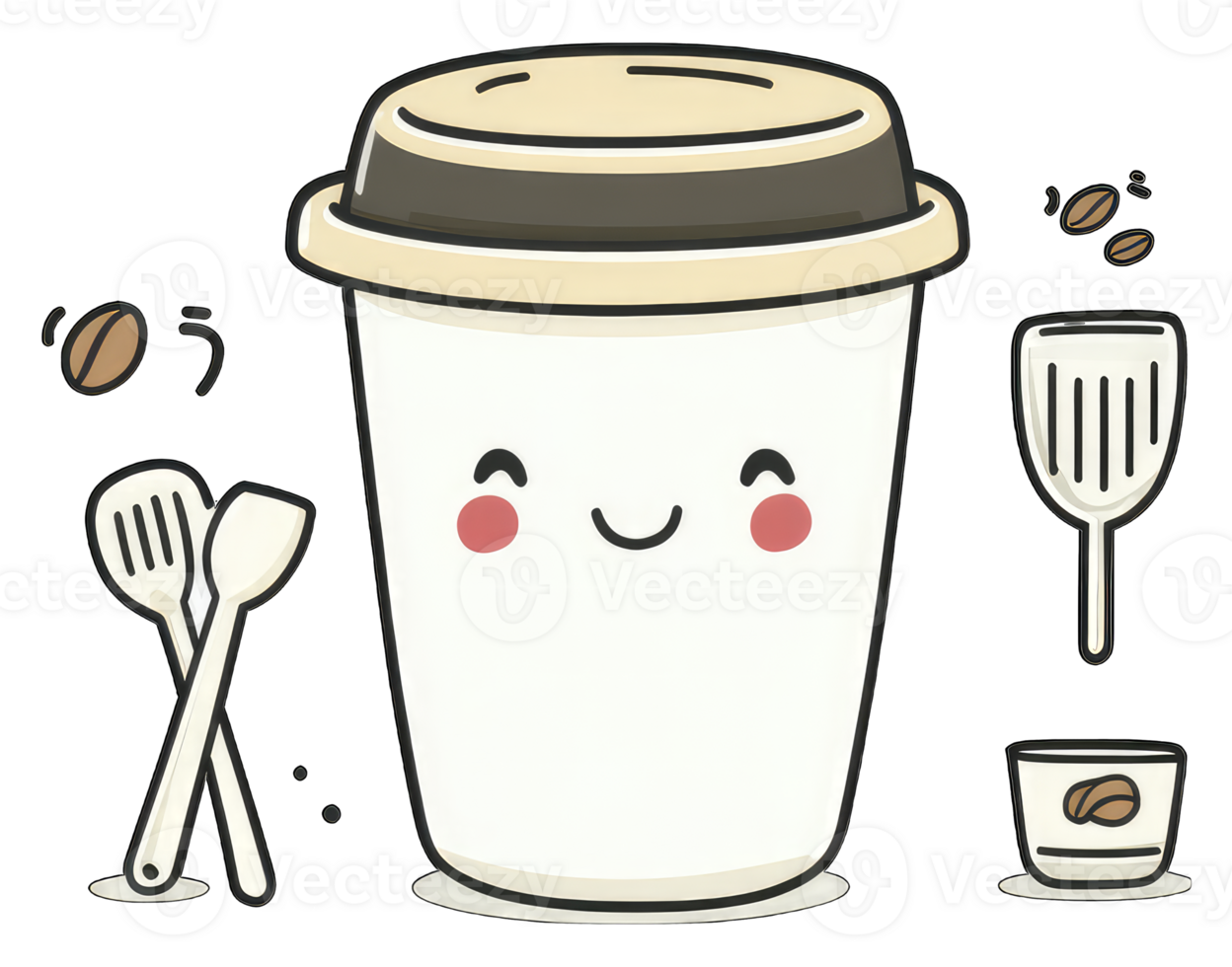 Happy Coffee Cup with Utensils and Beans png