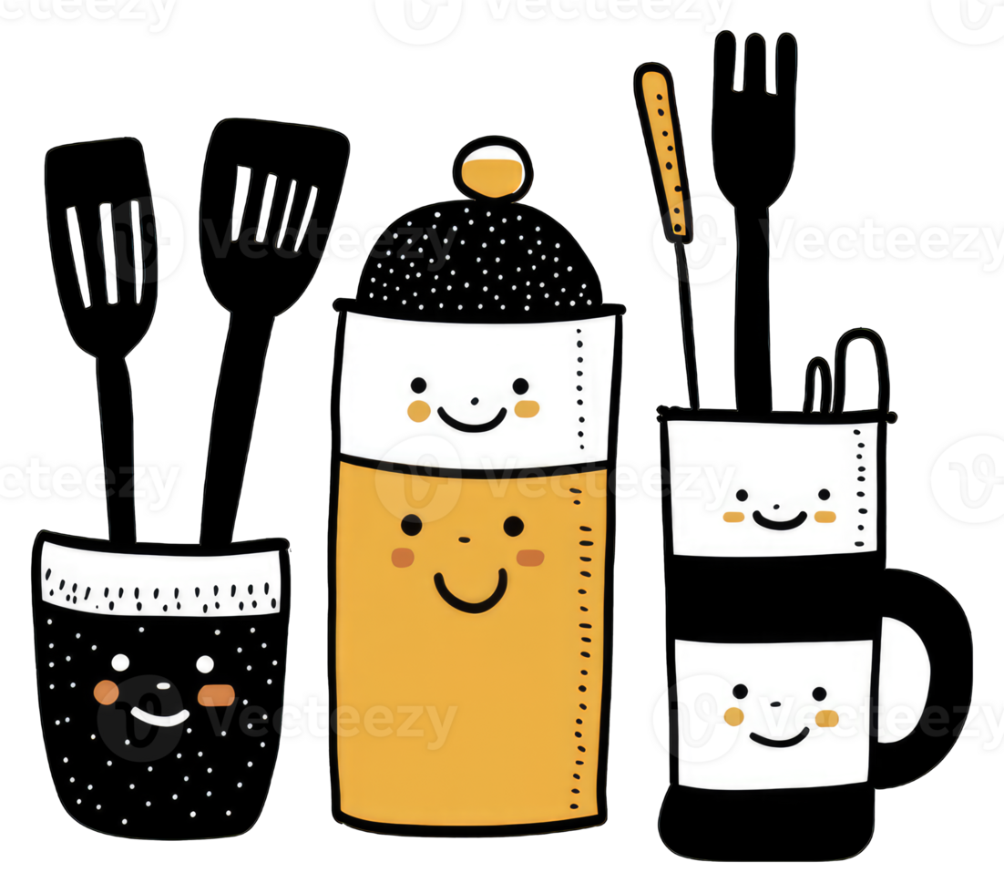 Happy Kitchen Utensils in Cute Containers png