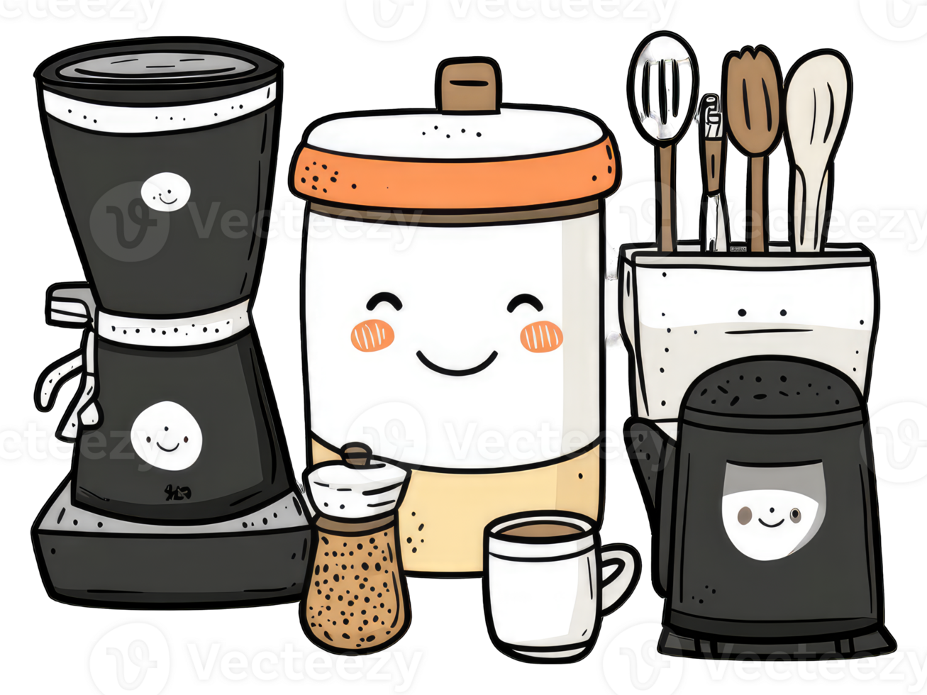 Happy Coffee Maker Set Utensils And Mug png