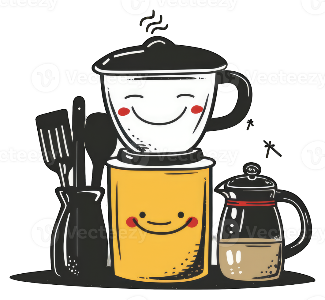 Happy Coffee Maker with Utensils and Coffee Pot png
