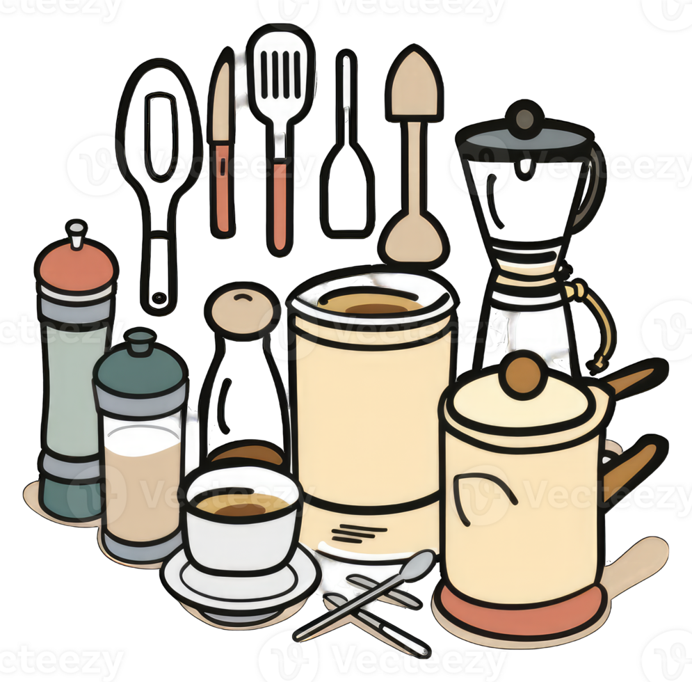 Kitchen Utensils and Coffee Maker Set Illustration png