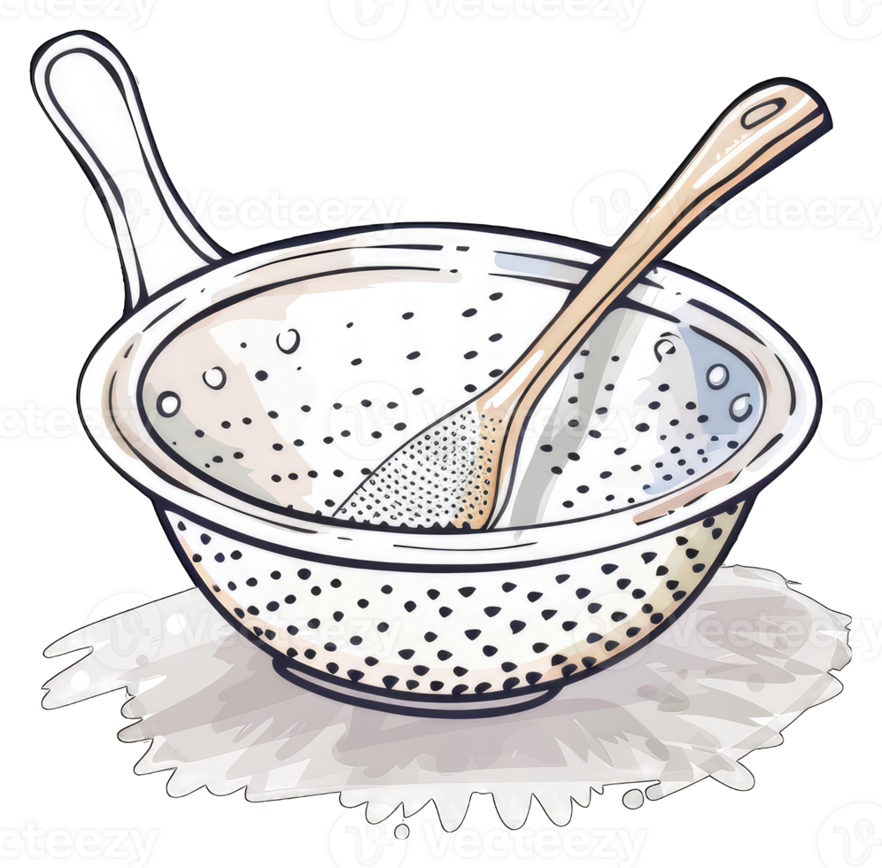 A colander and wooden spoon rest on a surface png