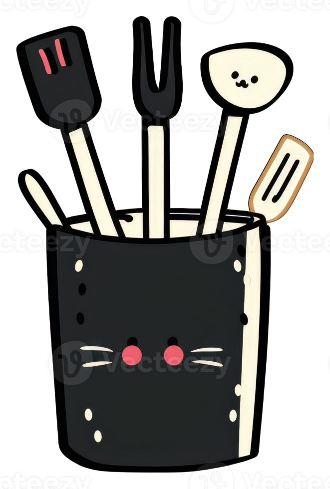 Cute Cat Shaped Utensil Holder With Kitchen Tools png