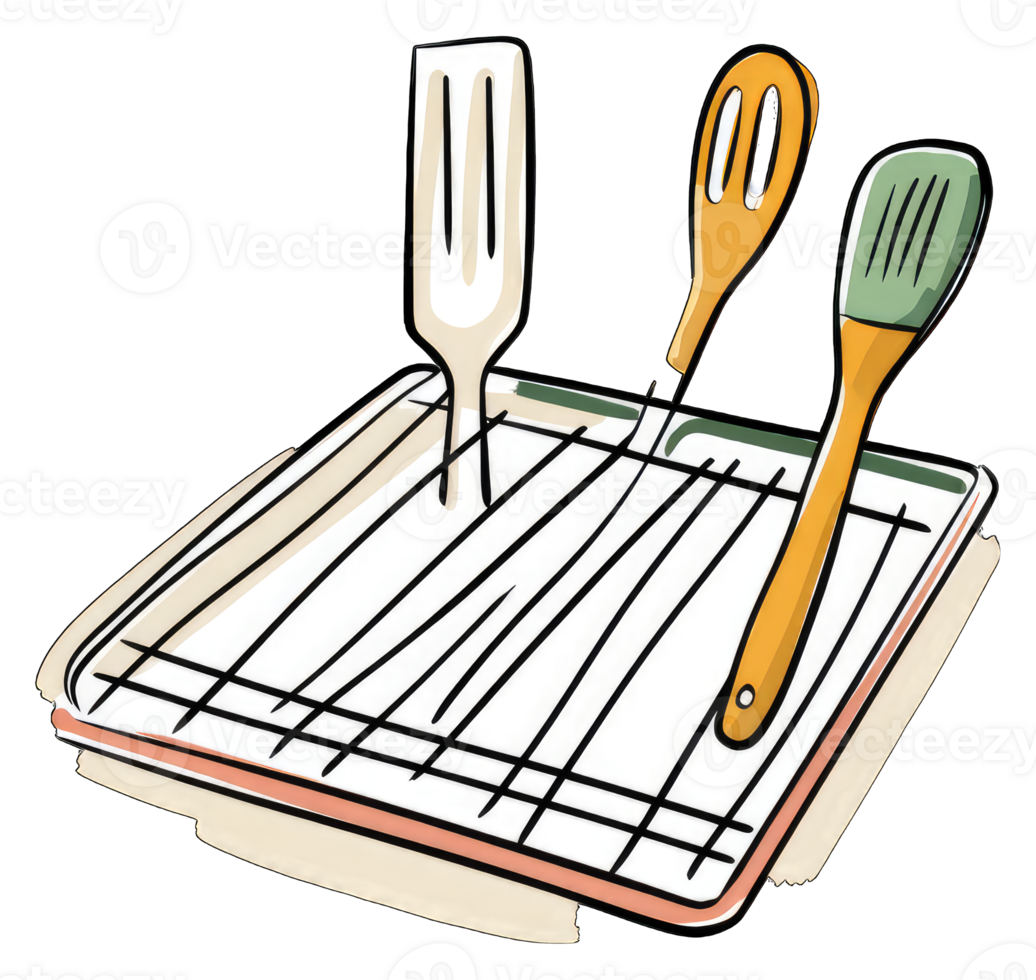 Cooking utensils drying on a cooling rack png