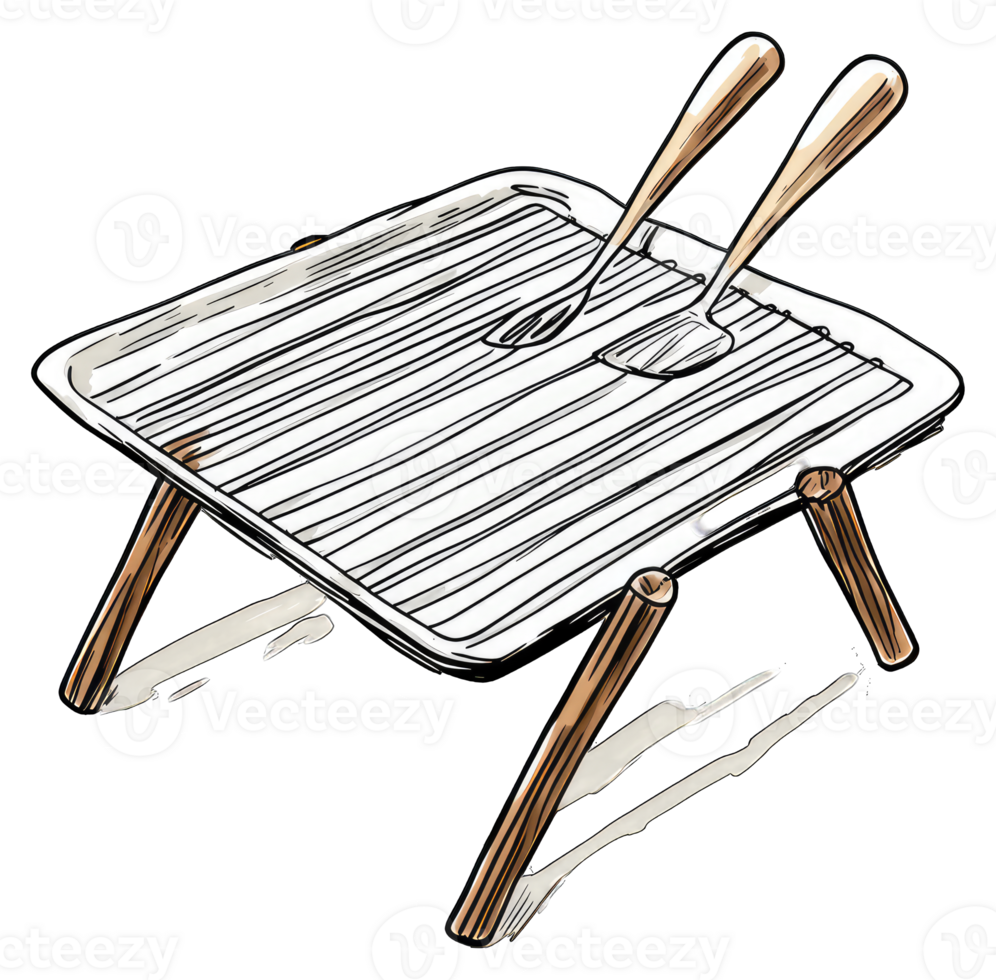 A portable baking tray with wooden legs and spatulas png