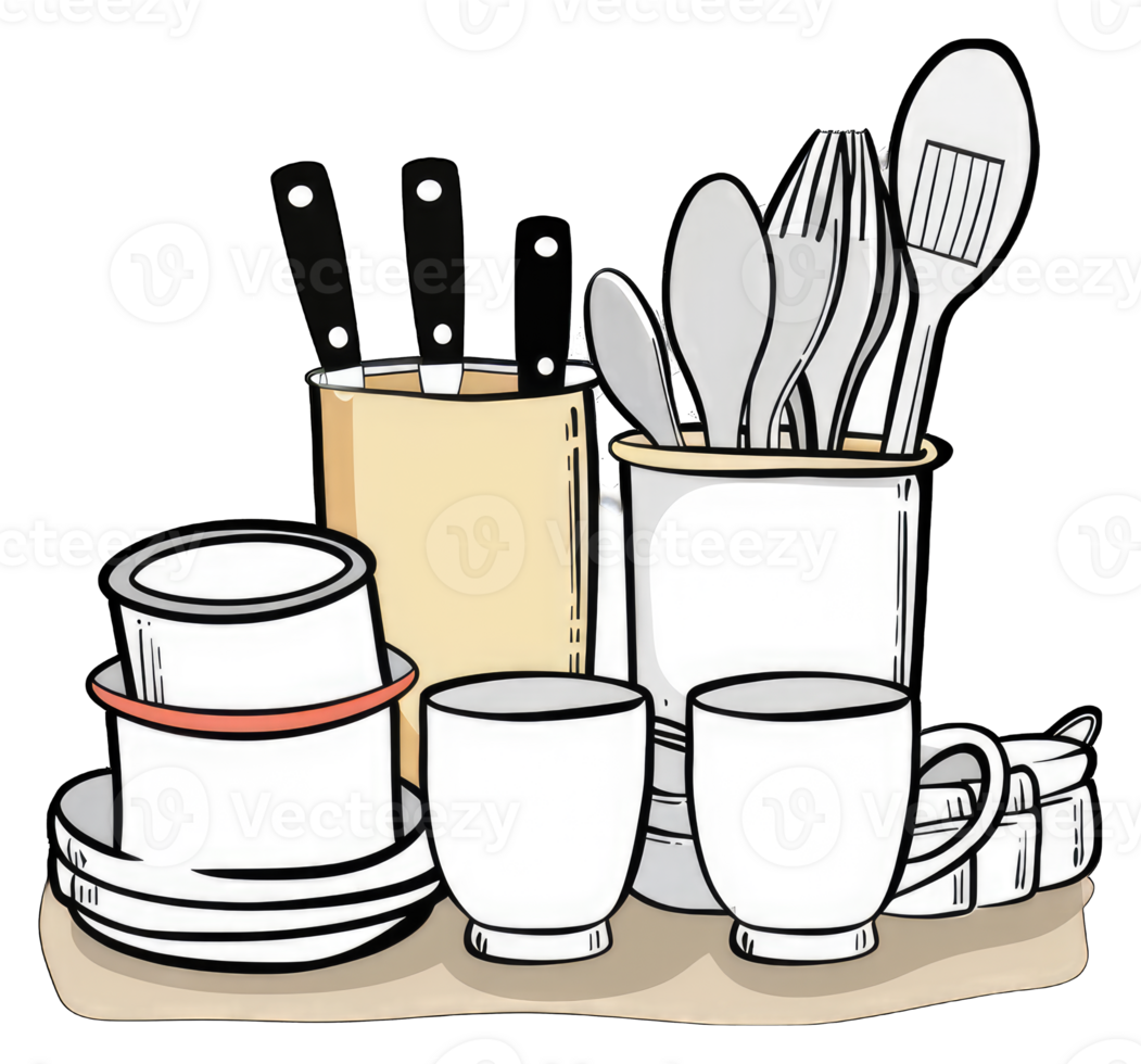 Kitchen Utensils and Dishes Arranged Neatly on a Counter png