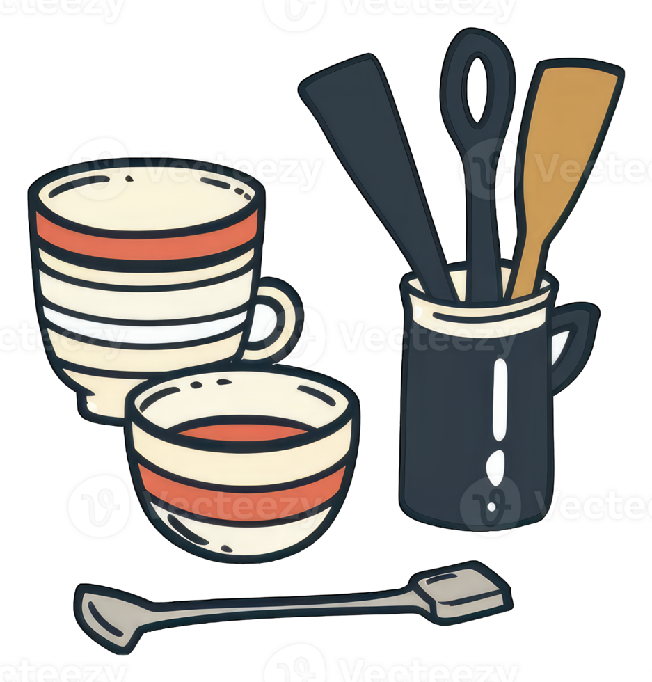 Striped mugs bowls and spoons in a holder png