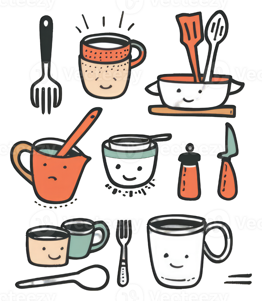 Happy Kitchen Utensils and Cups Enjoy a Meal png