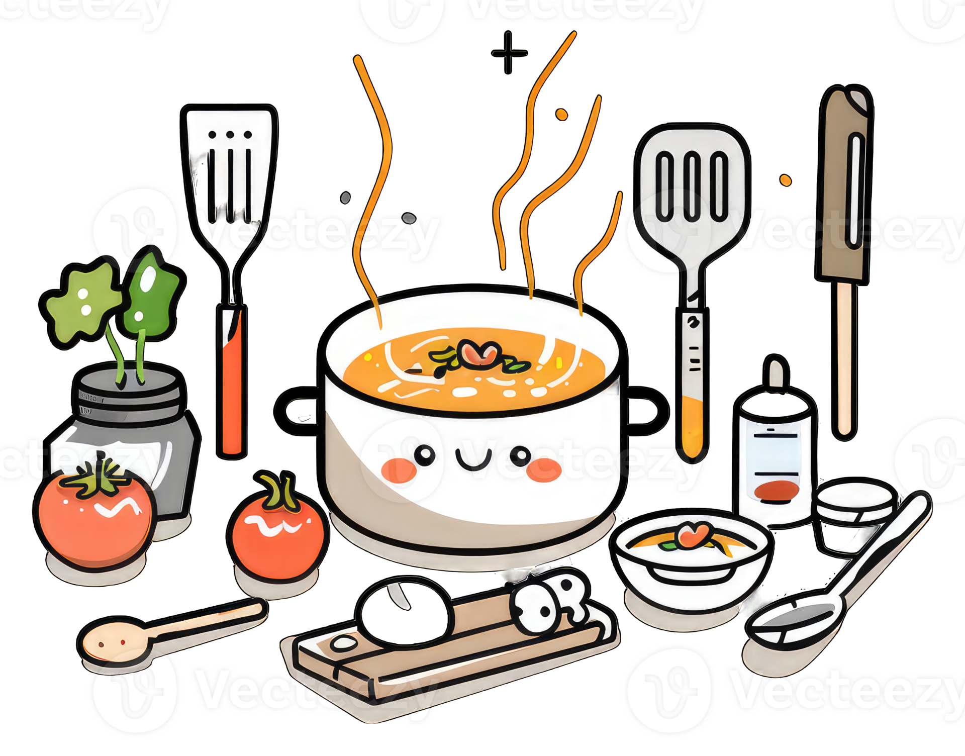 Cute cartoon illustration of soup cooking ingredients and utensils
