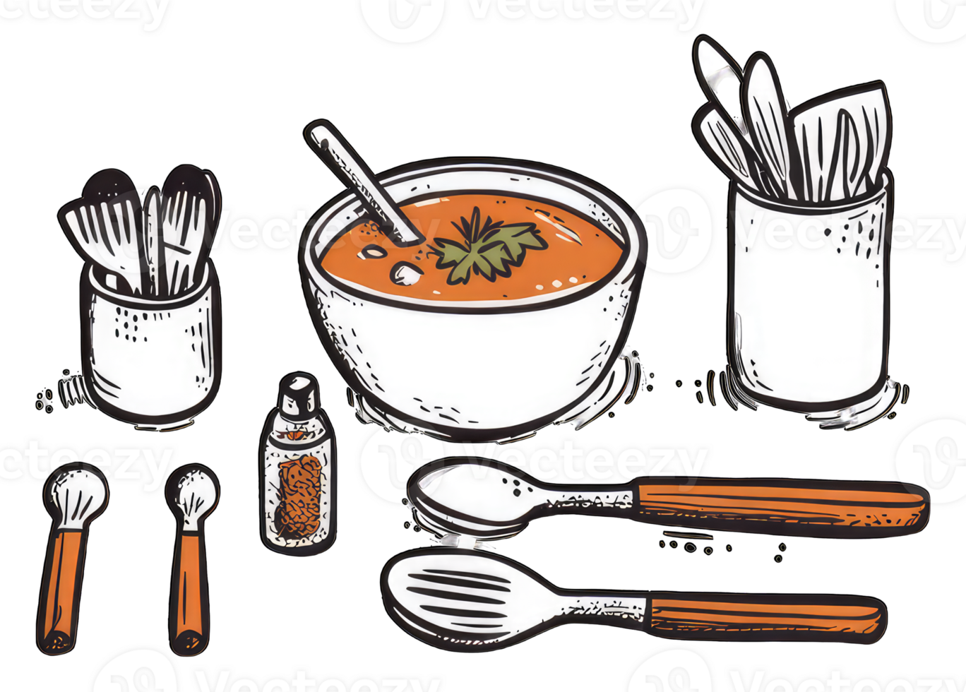 A Bowl of Soup with Utensils and Seasoning png