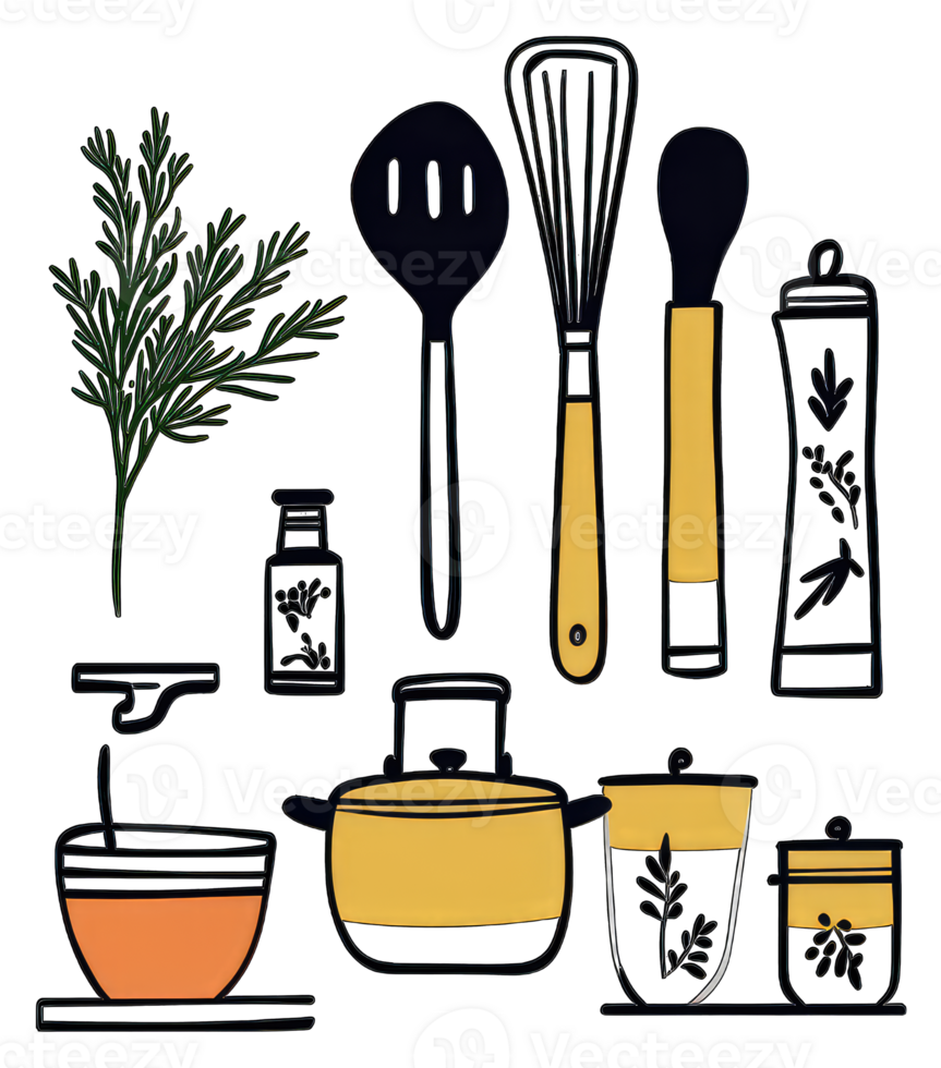 Kitchen Utensils and Herbs Cooking Ingredients Design png