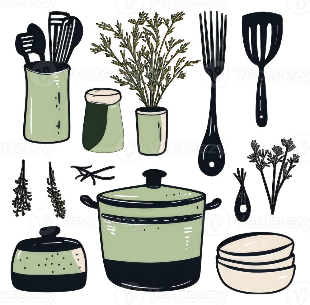 Kitchen Utensils Herbs and Cooking Pot Illustration png