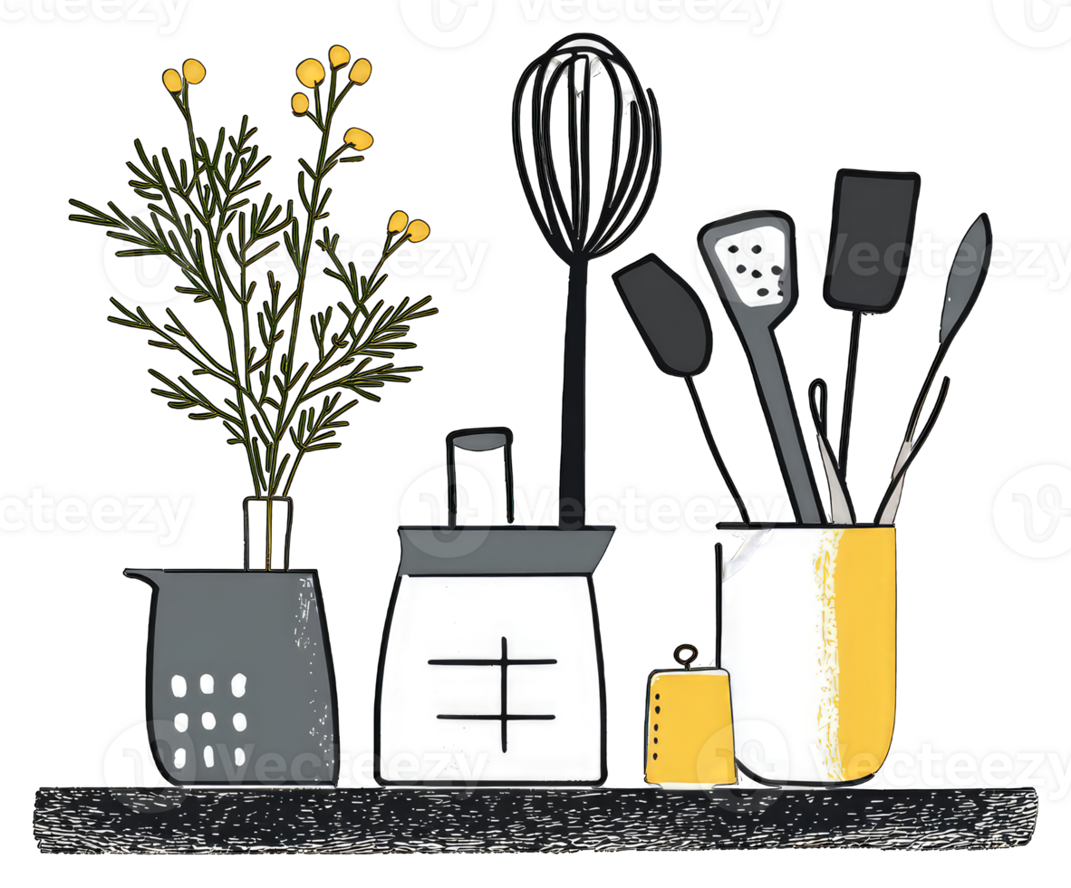 Kitchen Utensils and Flowers on a Shelf png