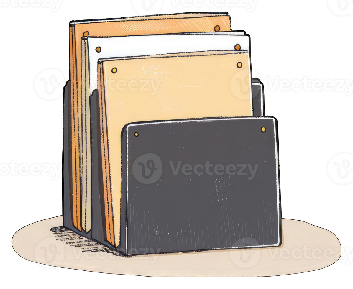 A Stack of Papers in a Desk File Holder png