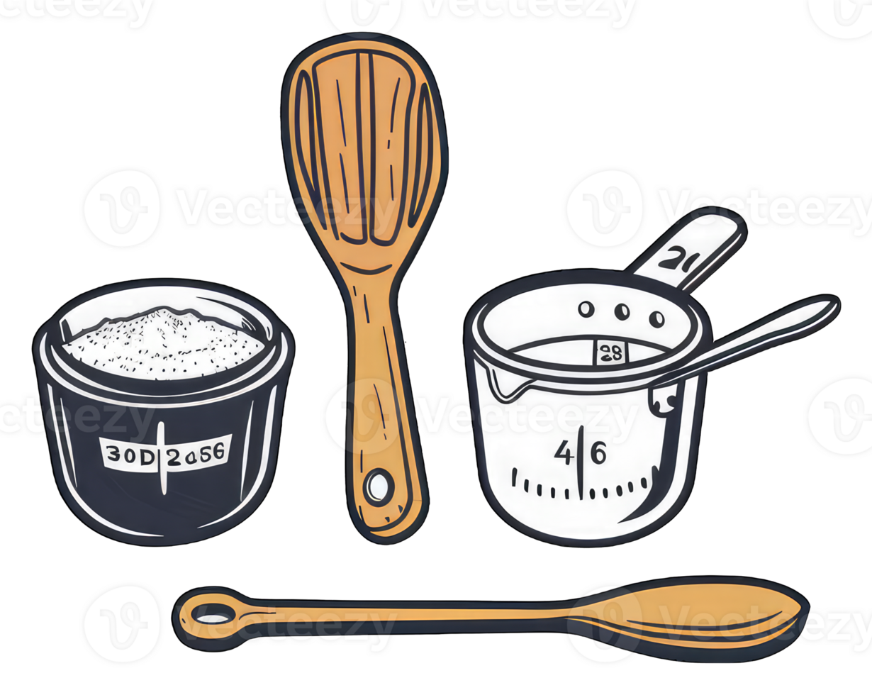 Baking Utensils Including Spoons Measuring Cups and Flour png