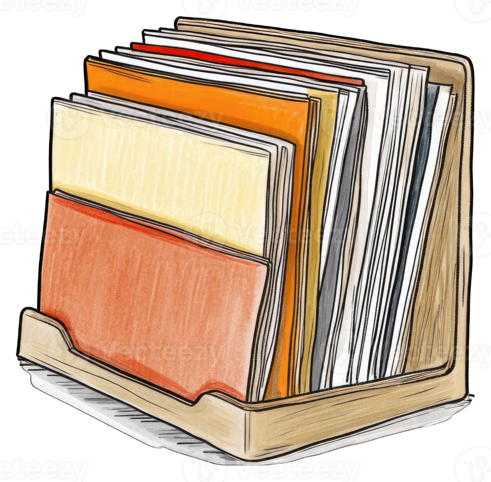 Wooden file holder with assorted colorful papers png