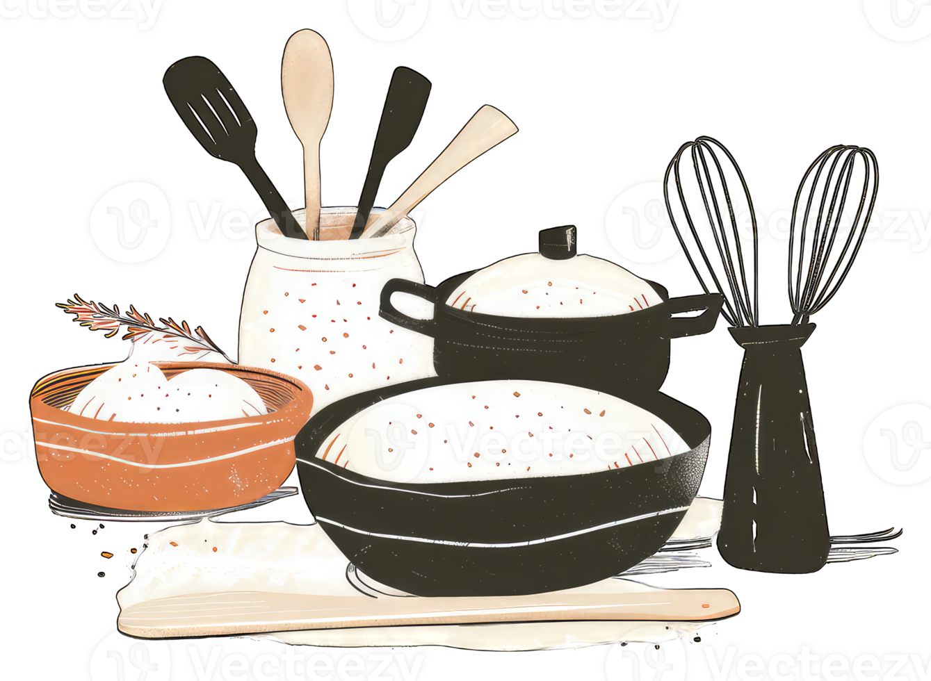 Kitchen Utensils and Baking Ingredients Displayed Together png