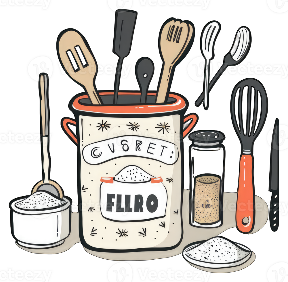 Kitchen Utensils Flour and Spices in a Crock png