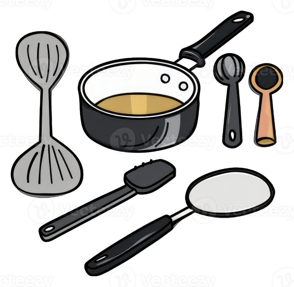 A Collection Of Various Cooking Utensils And A Saucepan png
