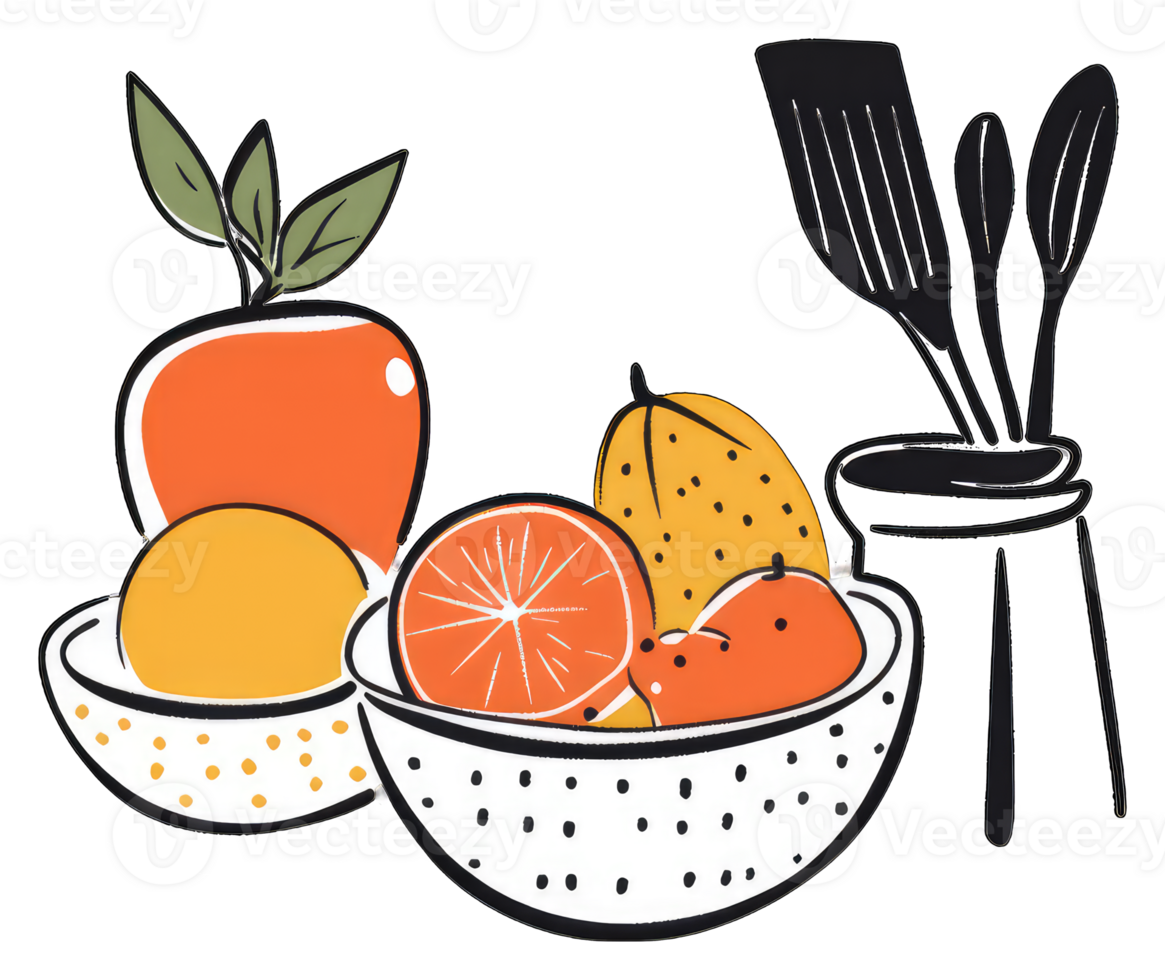 Colorful Fruit Bowl with Kitchen Utensils png