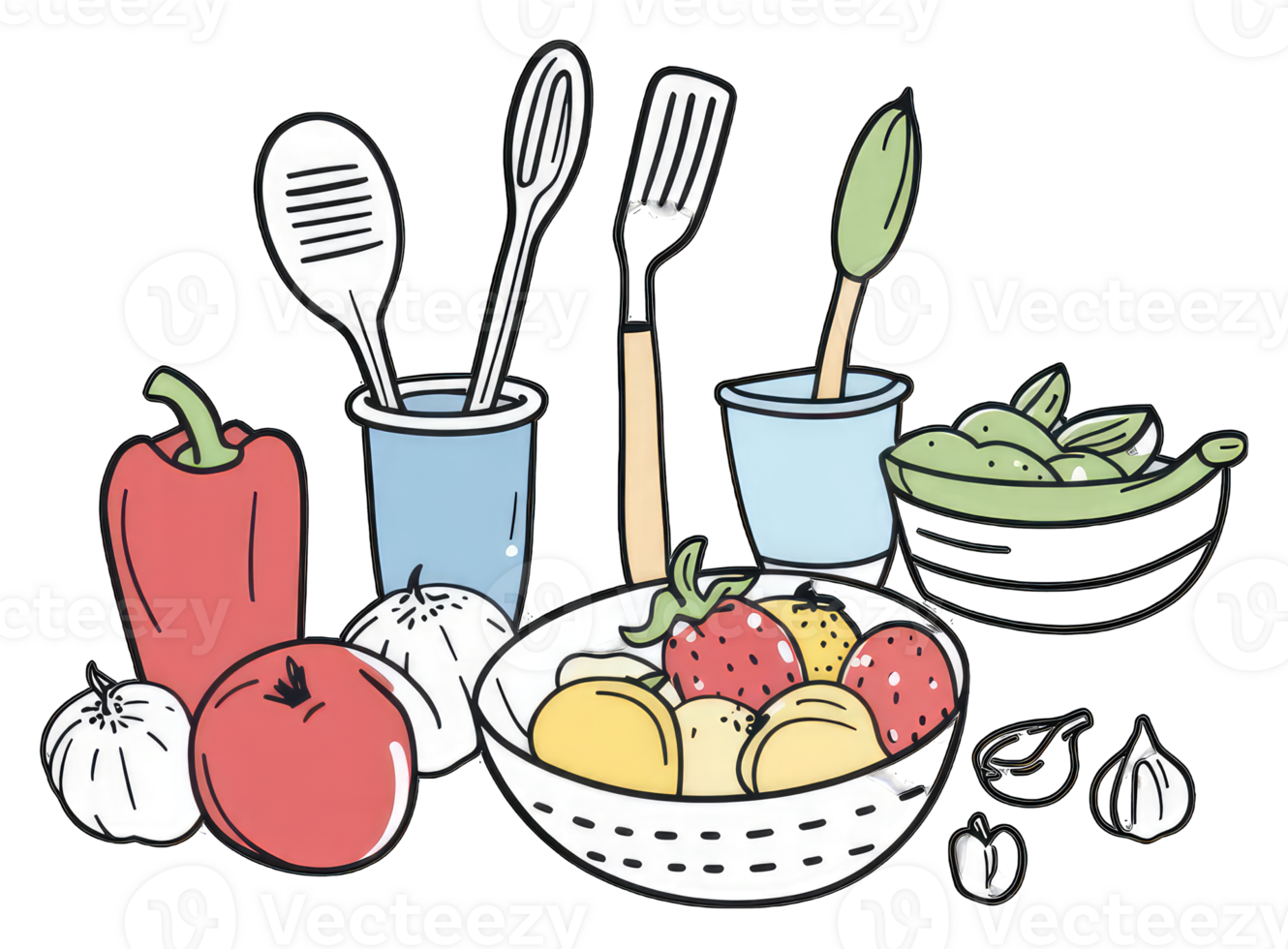 Fresh Produce and Kitchen Utensils Awaiting Culinary Creation png