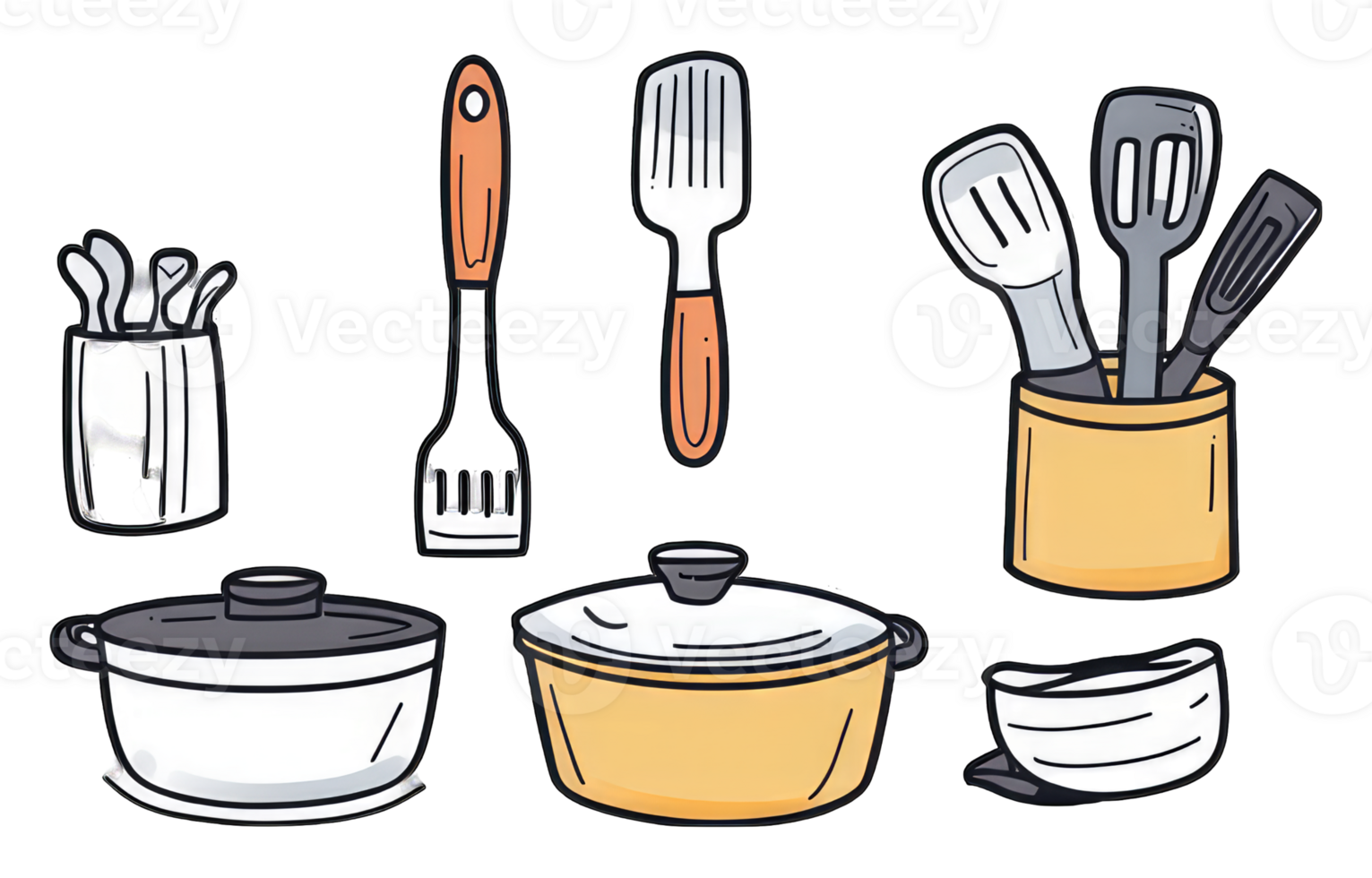 Kitchen Utensils and Cooking Pots A Colorful Collection png