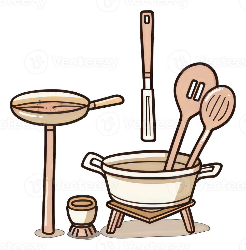 Cartoon illustration of kitchen utensils and cookware png