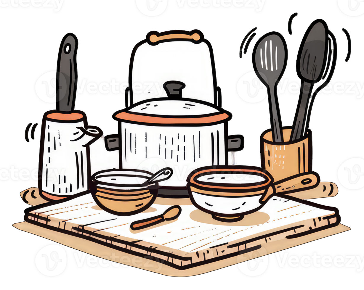 Kitchen Utensils and Cookware on Wooden Board png