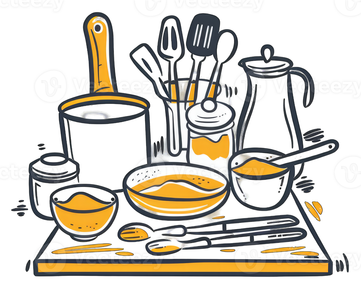 Kitchen Utensils and Cookware Arranged on a Table png