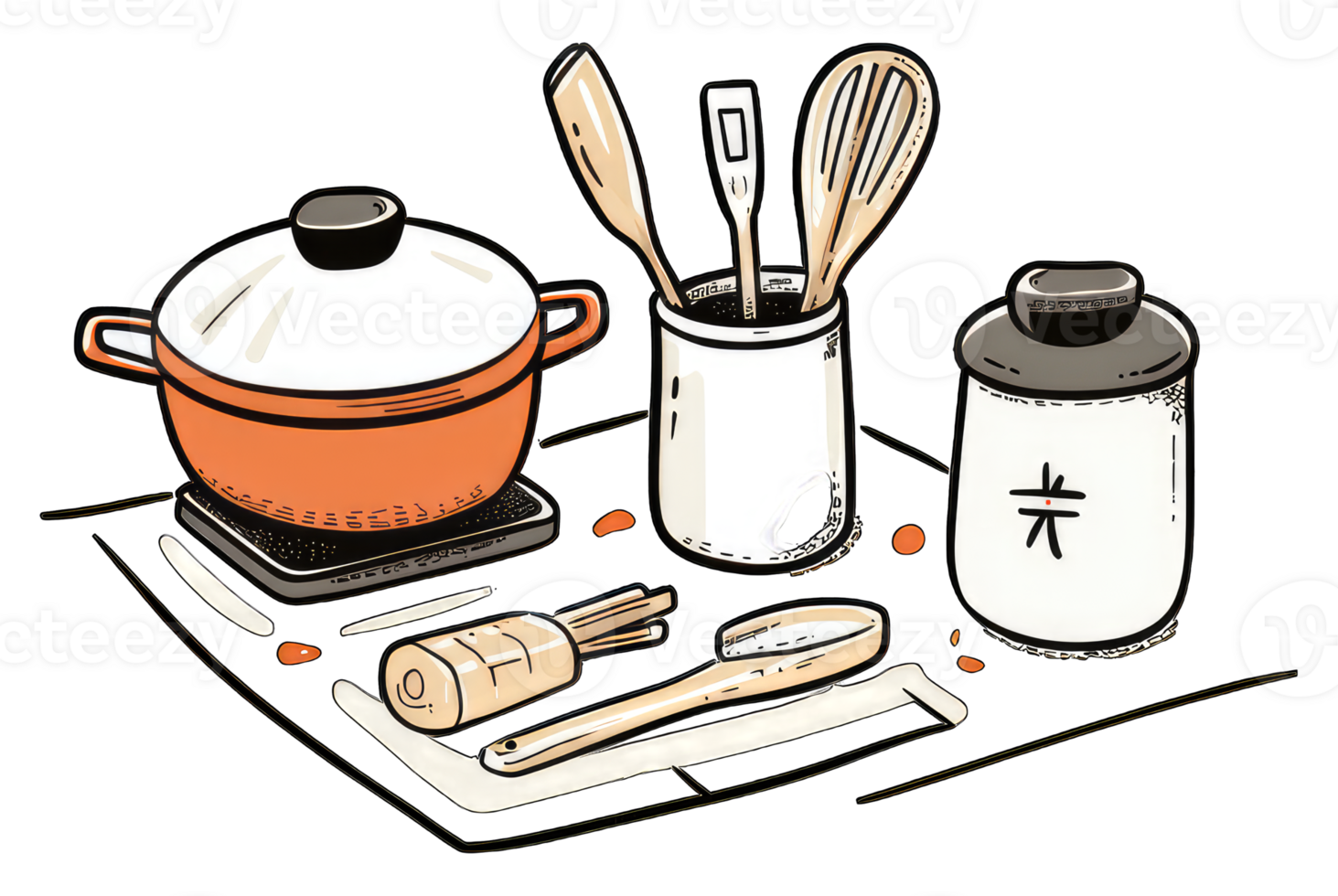 Kitchen Utensils and Cooking Pot on a Mat png