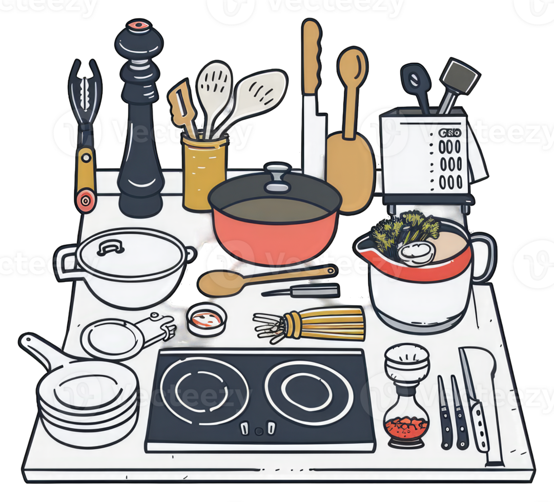 A Colorful Illustration Of Various Kitchen Utensils And Cookware png